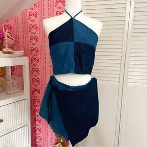 Denim Set Patchwork Halter Top and Skort